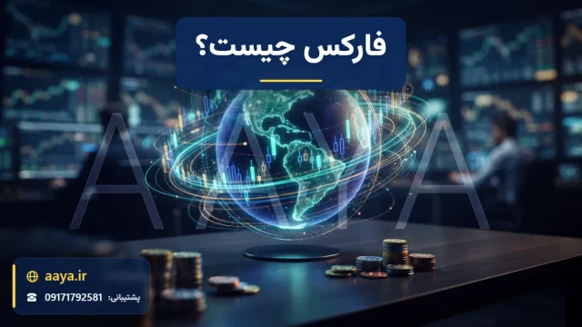 کره زمین هولوگرامی با نمودارهای شمعی فارکس و سکه‌های ارزهای مختلف روی میز اتاق معاملات بازار جهانی ارز