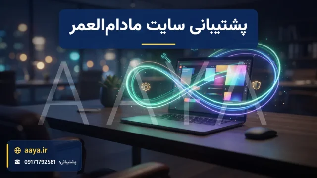 حلقه نورانی بی‌نهایت دور لپ‌تاپ با طرح سایت و نمادهای آچار، چرخ‌دنده و سپر به نشانه پشتیبانی مادام‌العمر سایت