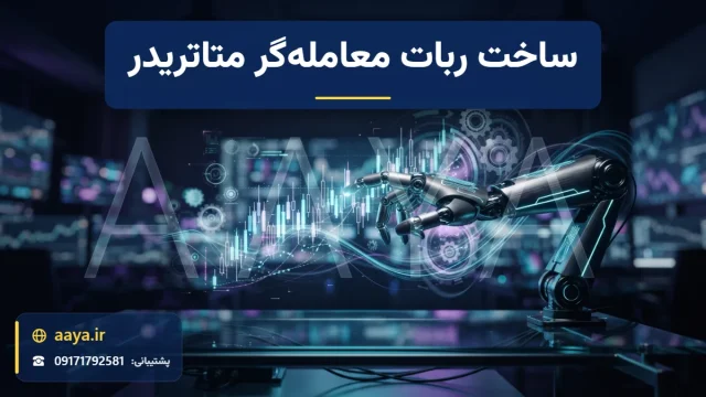 دست رباتیک فلزی با مدارهای نورانی در حال لمس نمودار شمعی هولوگرامی در اتاق معاملات؛ نماد ساخت ربات معامله‌گر متاتریدر